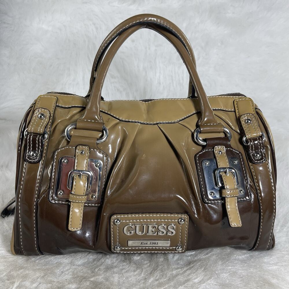 GUESS Patent Leather Satchel Shoulder Bag Brown Tan Logo Purse W015017